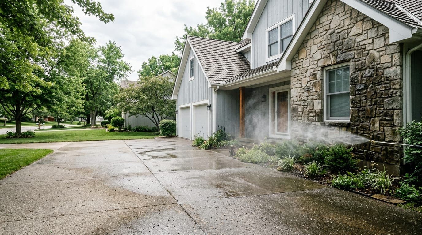 A residential driveway and home exterior gleaming after professional pressure washing, with water spray in mid-air.