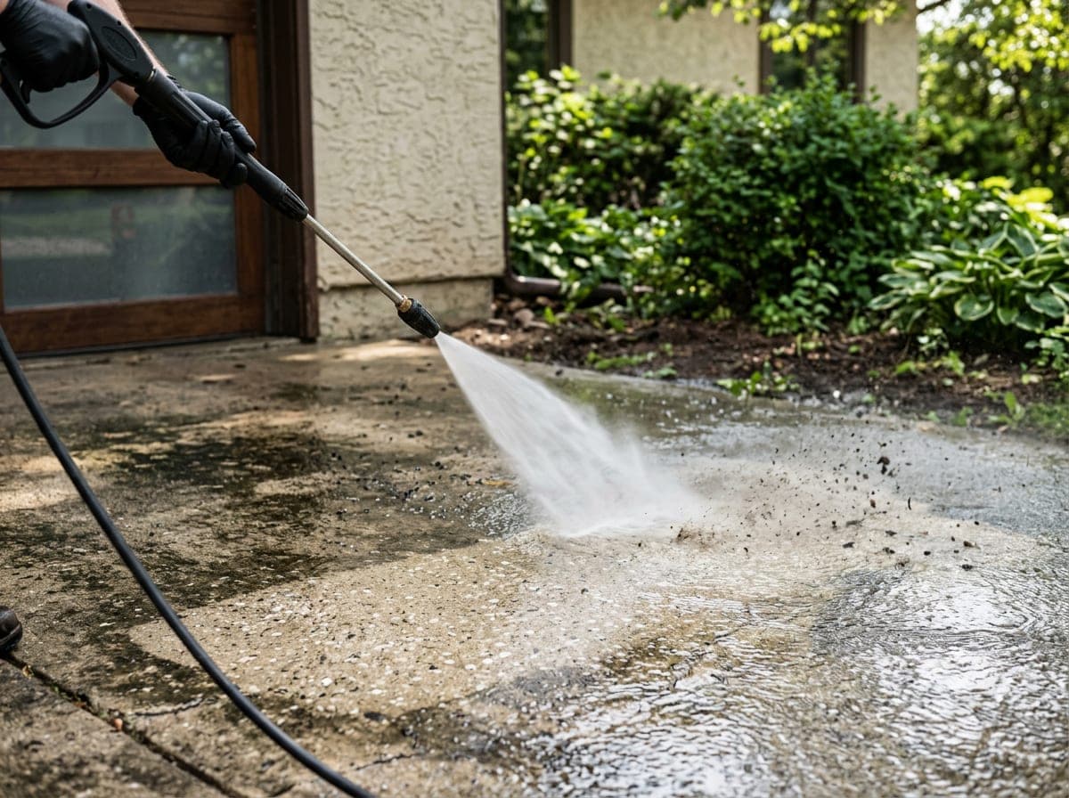 Professional pressure washing stream cleaning a residential surface with water and force visible.